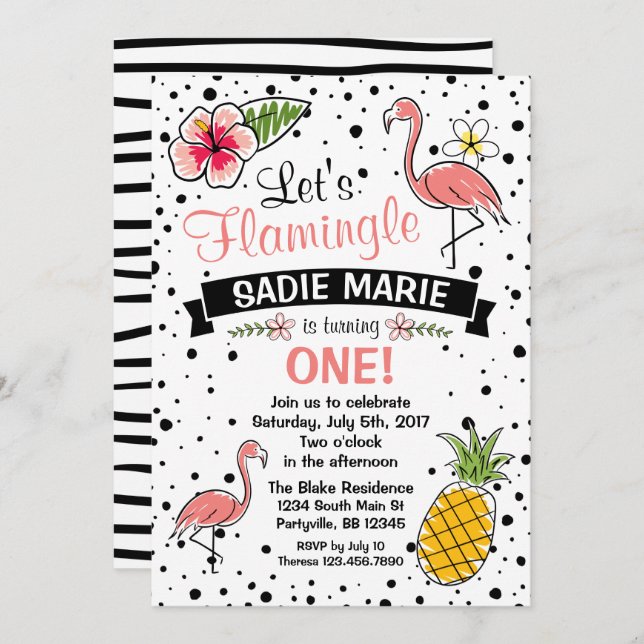 Flamingo and Pinapple Doodle Birthday Invitation (Front/Back)