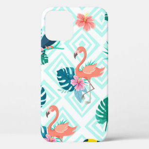 Flamingo and toucan with flowers on a background o iPhone 12 case