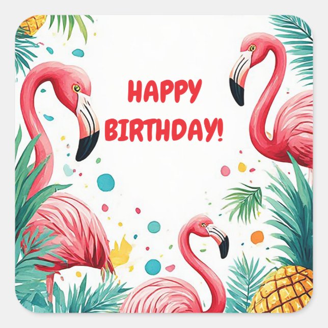 🦩 Flamingo And Tropical Flowers Summer Frame 🍍 Square Sticker (Front)