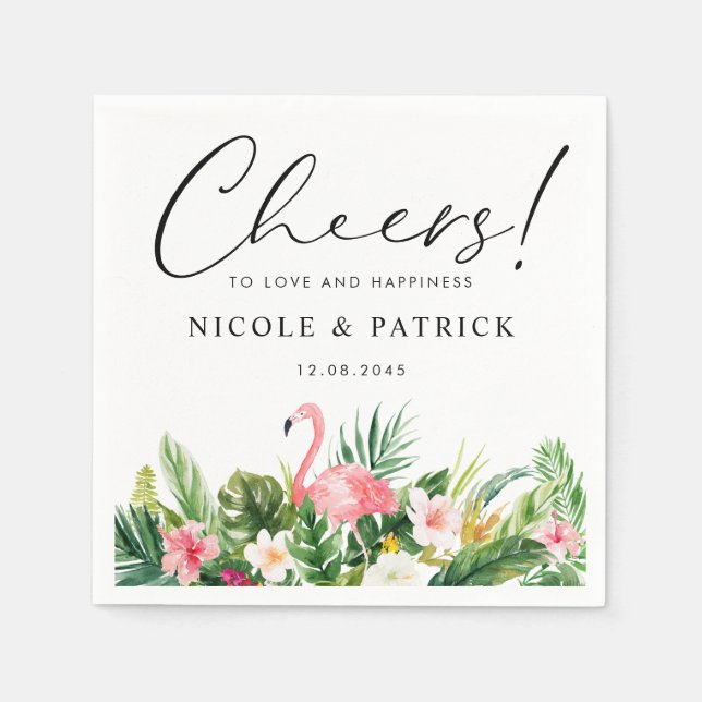 Flamingo and Tropical Flowers Summer Wedding Napkin (Front)