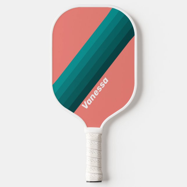 Flamingo Aqua Stripes with Name Pickleball Paddle (Front)