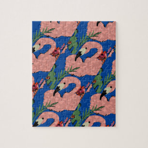 Flamingo Art Hand Drawn Hibiscus Palm Leaves Jigsaw Puzzle