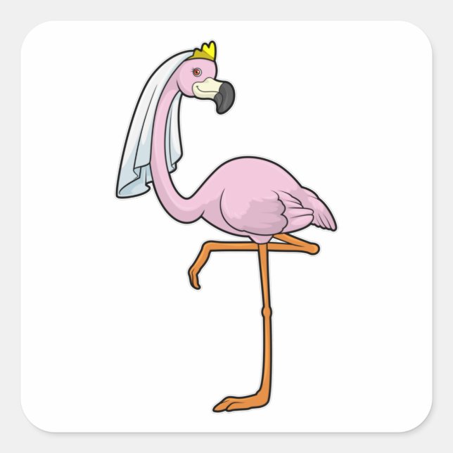 Flamingo as Bride at Wedding with Veil Square Sticker (Front)