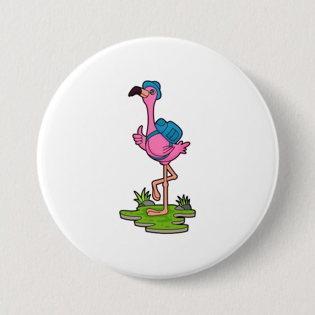 Flamingo as Hiker with Backpack 7.5 Cm Round Badge (Front)
