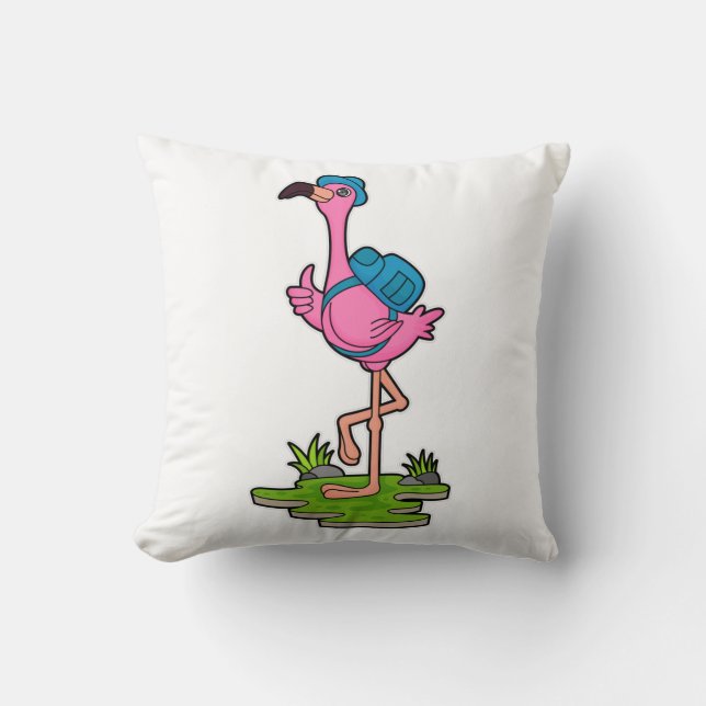 Flamingo as Hiker with Backpack Cushion (Front)