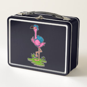 Flamingo as Hiker with Backpack Metal Lunch Box