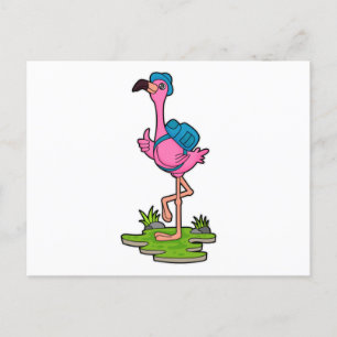 Flamingo as Hiker with Backpack Postcard