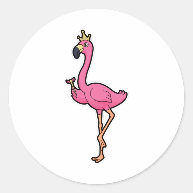 Flamingo as King with Crown & Staff Classic Round Sticker (Front)