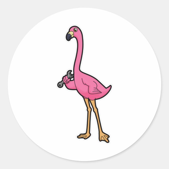 Flamingo as Mechanic with Wrench Classic Round Sticker (Front)
