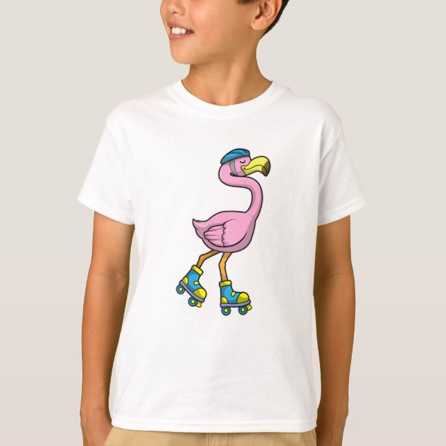 Flamingo as Skater with Inline skates & Helmet T-Shirt (Front)
