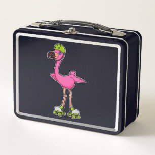 Flamingo as Skater with Roller skates & Helmet Metal Lunch Box