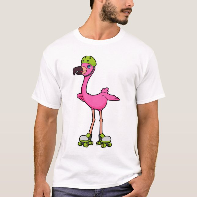 Flamingo as Skater with Roller skates & Helmet T-Shirt (Front)