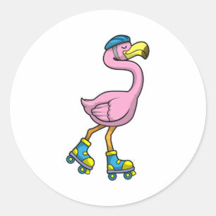Flamingo as Skater with Skates & Helmet Classic Round Sticker