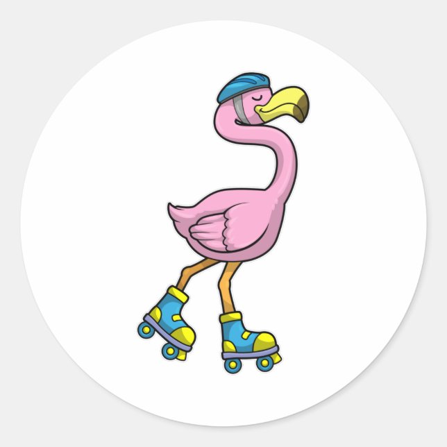 Flamingo as Skater with Skates & Helmet Classic Round Sticker (Front)
