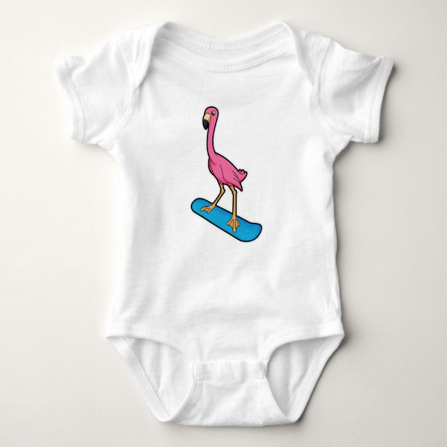 Flamingo as Snowboarder with Snowbaord Baby Bodysuit (Front)