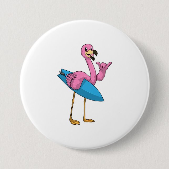 Flamingo as Surfer with Surfboard 7.5 Cm Round Badge (Front)