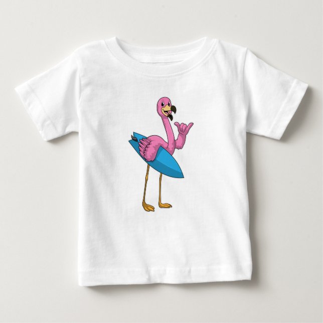 Flamingo as Surfer with Surfboard Baby T-Shirt (Front)