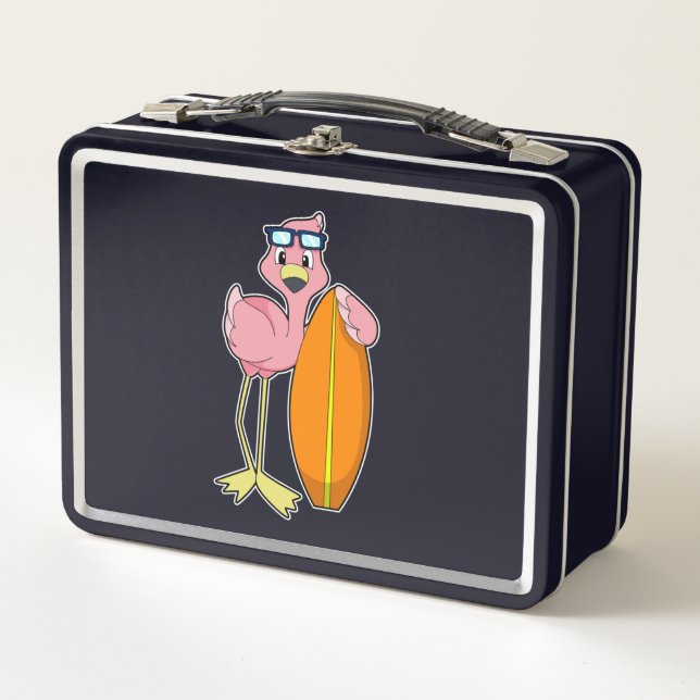 Flamingo as Surfer with Surfboard.PNG Metal Lunch Box (Front)