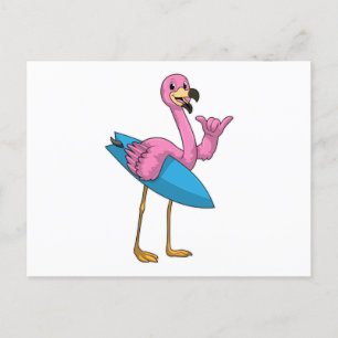 Flamingo as Surfer with Surfboard Postcard