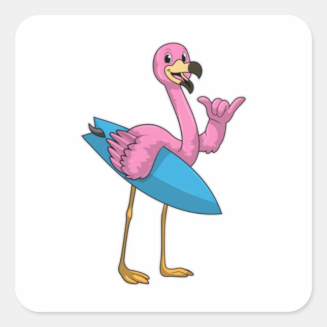 Flamingo as Surfer with Surfboard Square Sticker (Front)