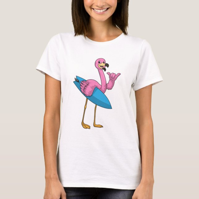 Flamingo as Surfer with Surfboard T-Shirt (Front)
