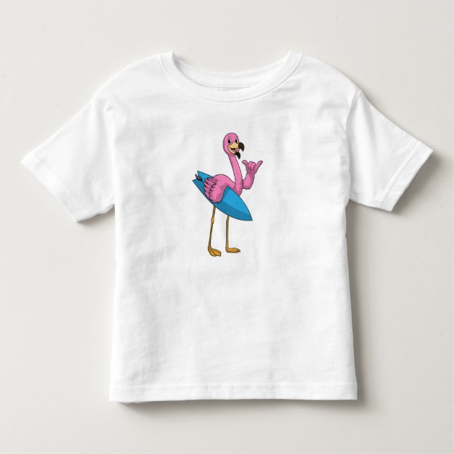 Flamingo as Surfer with Surfboard Toddler T-Shirt (Front)