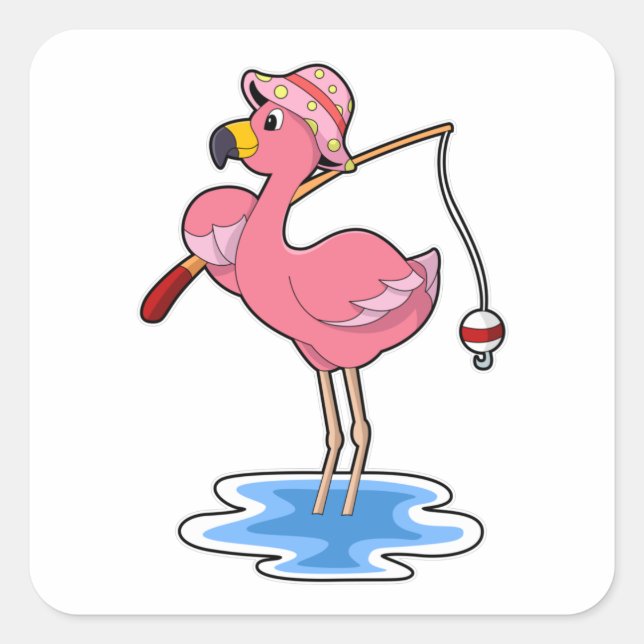 Flamingo at Fishing with Fishing rod Square Sticker (Front)