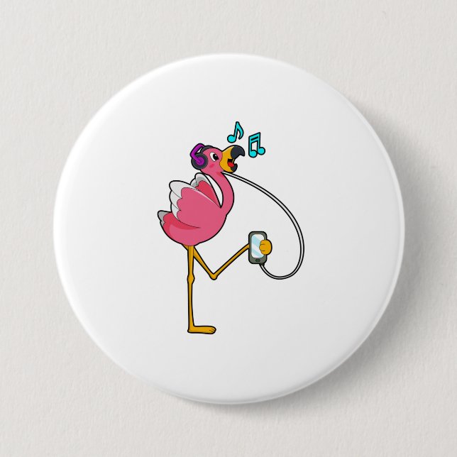 Flamingo at Music with Headphone 7.5 Cm Round Badge (Front)