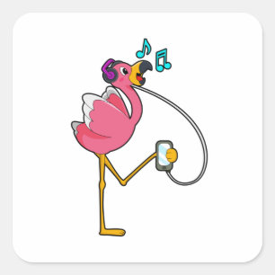 Flamingo at Music with Headphone Square Sticker