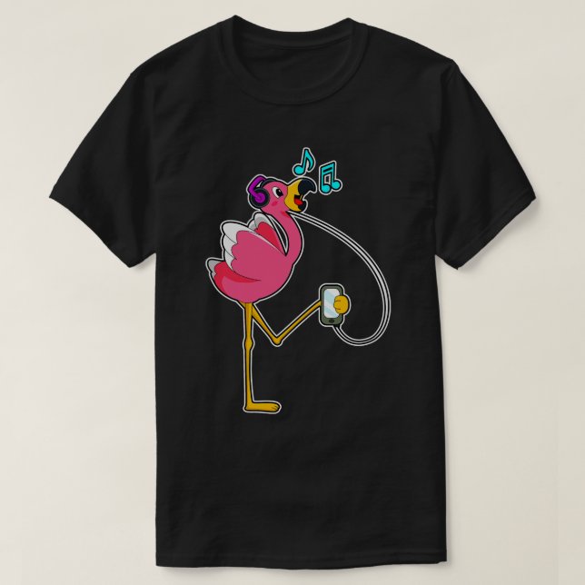 Flamingo at Music with Headphone T-Shirt (Design Front)