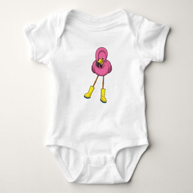 Flamingo at Raining with Rubber boots Baby Bodysuit (Front)