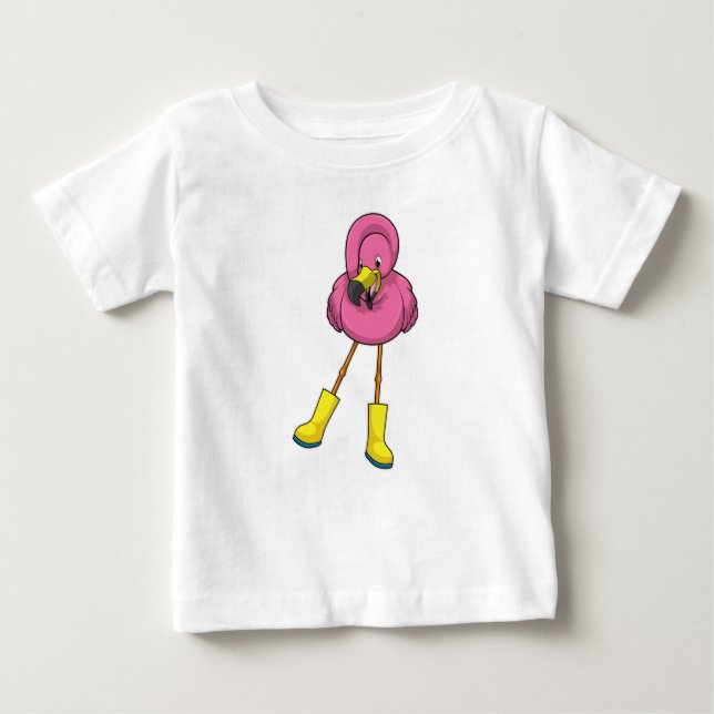 Flamingo at Raining with Rubber boots Baby T-Shirt (Front)