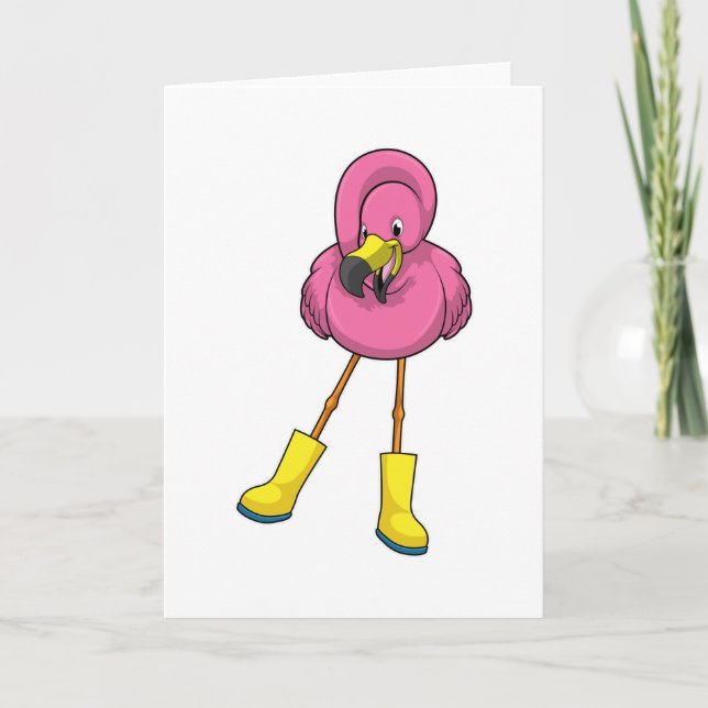 Flamingo at Raining with Rubber boots Card (Front)