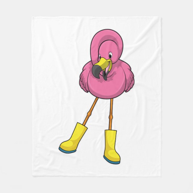 Flamingo at Raining with Rubber boots Fleece Blanket (Front)