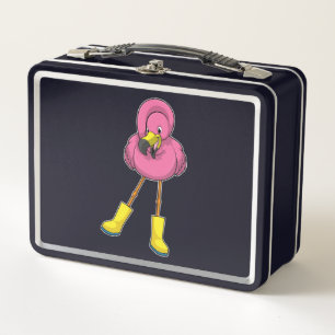 Flamingo at Raining with Rubber boots Metal Lunch Box