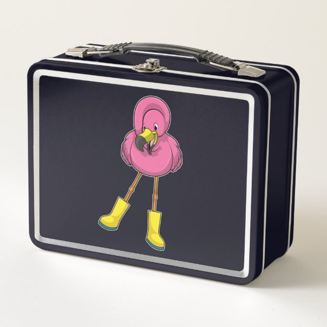 Flamingo at Raining with Rubber boots Metal Lunch Box (Front)