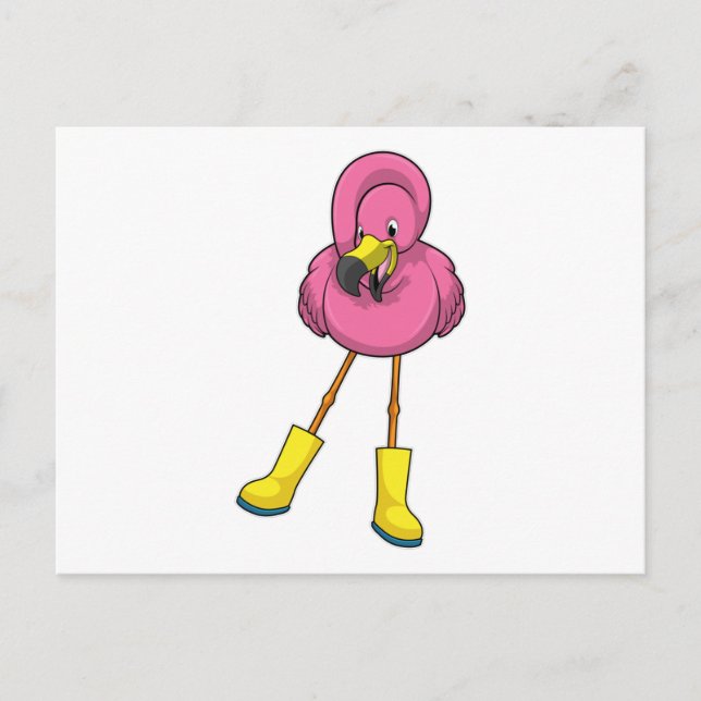 Flamingo at Raining with Rubber boots Postcard (Front)