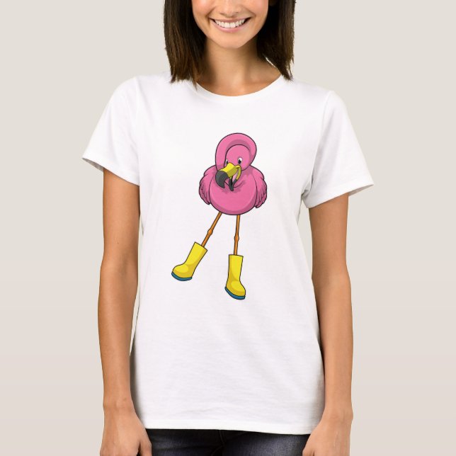 Flamingo at Raining with Rubber boots T-Shirt (Front)