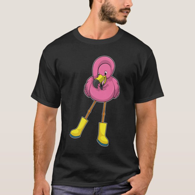 Flamingo at Raining with Rubber boots T-Shirt (Front)