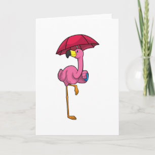 Flamingo at Raining with Umbrella Card