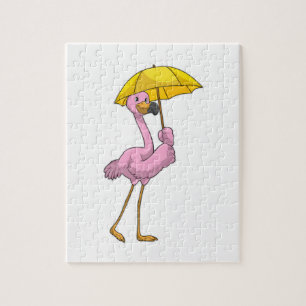 Flamingo at Raining with Umbrella Jigsaw Puzzle