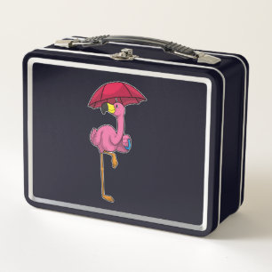 Flamingo at Raining with Umbrella Metal Lunch Box