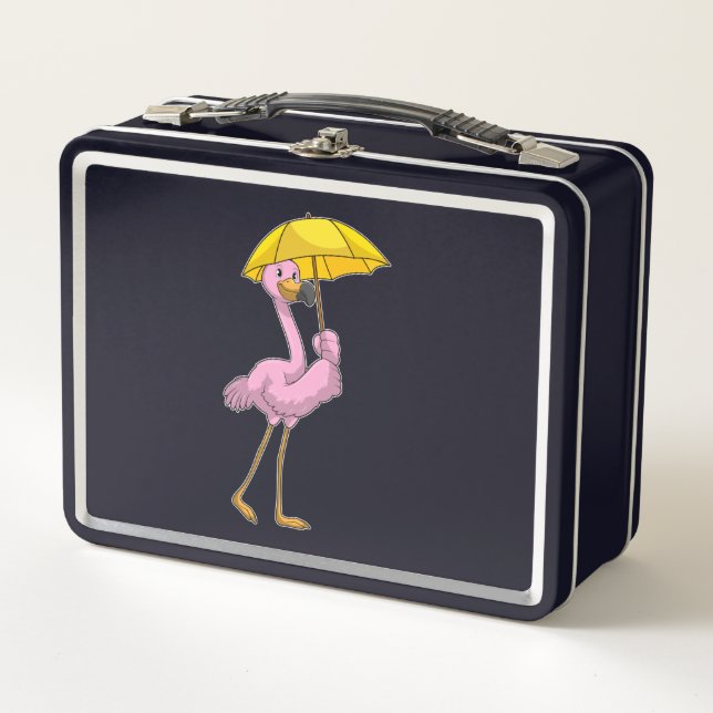 Flamingo at Raining with Umbrella Metal Lunch Box (Front)