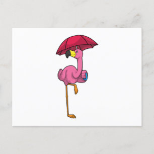 Flamingo at Raining with Umbrella Postcard