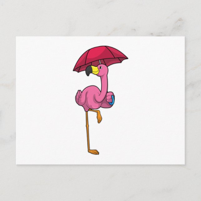 Flamingo at Raining with Umbrella Postcard (Front)