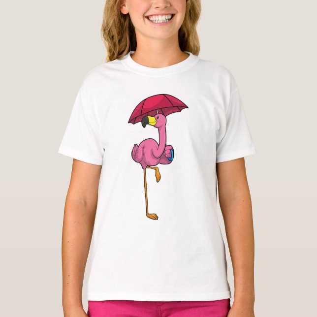 Flamingo at Raining with Umbrella T-Shirt (Front)