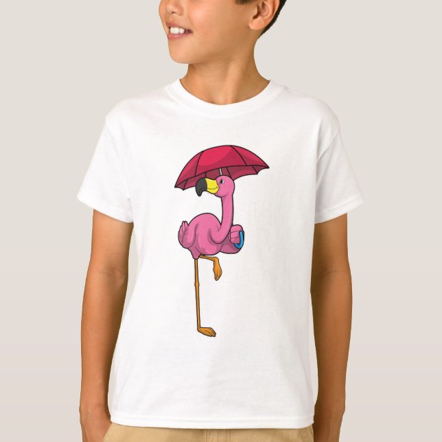 Flamingo at Raining with Umbrella T-Shirt (Front)