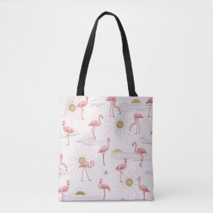 Flamingo at sunset hand drawn seamless doodle patt tote bag