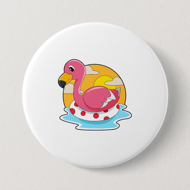 Flamingo at Swimming with Lifebuoy 7.5 Cm Round Badge (Front)