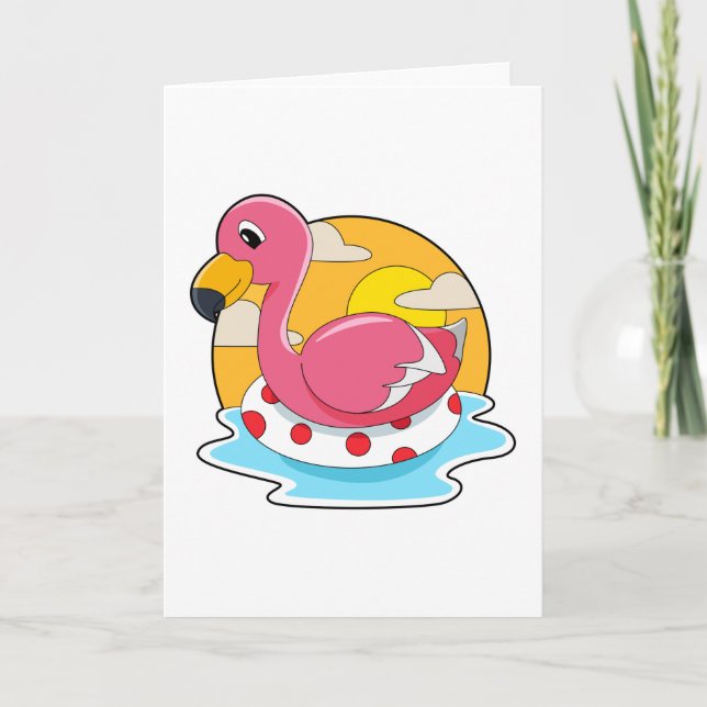 Flamingo at Swimming with Lifebuoy Card (Front)